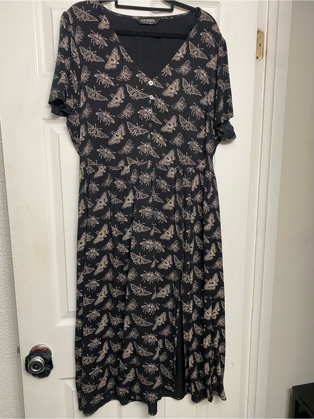Disturbia Black V-Neck Midi Dress with Cream Insect Print
